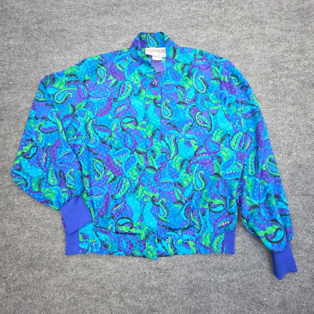 Vintage Castleberry Equestrian Print Blouse Jacket Size 14 Made USA Retro 80s